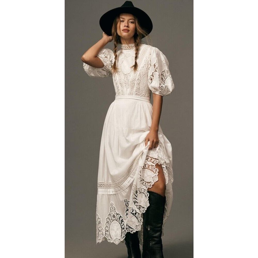Anthropologie Bohemian XL Forever That Girl Mock-Neck Lace White Maxi Dress NWT